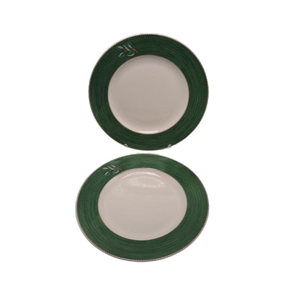 Wedgewood Sarahs Garden Christmas Green Dinner Plates 10-3/4" Holly Design